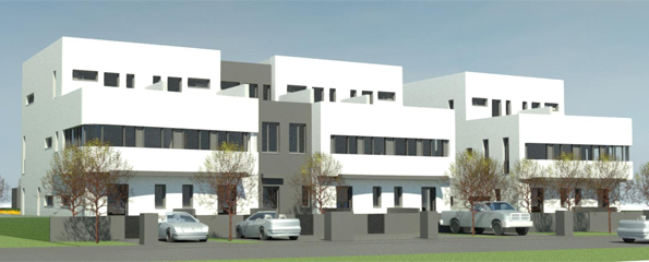 Neubau 7 Townhäuser (5RH + 2DH), Strassenfassade.